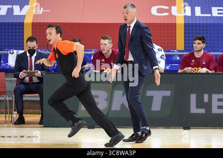 18. Februar 2021, Barcelona, Spanien: Sarunas Jasikevicius vom FC Barcelona während des Spiels der Turkish Airlines EuroLeague zwischen dem FC Barcelona und Zalgiris Kaunas im Palau Blaugrana in Barcelona. (Kreditbild: © Gerard Franco/DAX via ZUMA Wire) Stockfoto