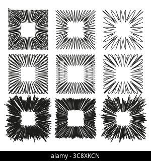 Geometrische quadratische Muster. Radiale Linienkonstruktion. Abstrakte Vektorformen. Optische Kunstelemente. Stock Vektor