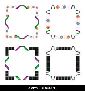 Quadratischer Blumenrahmen. Bunte Bandkurven. Frühlingsdesign. Vektordekorationsrahmen. Stock Vektor