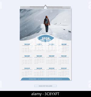 Layout Des Winterkalenders 2026. 2026 einseitige Wandkalender-Designvorlage, moderner 12 Monate einseitiger Kalender Stock Vektor