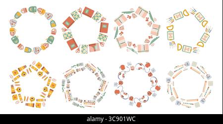 Einfaches Rahmenset für Schulkreisen. Runder Schulrand aus verschiedenen Schulobjekten. Weiche Pastellfarben zurück zur Schule Hand gezeichneter Vektor Stock Vektor