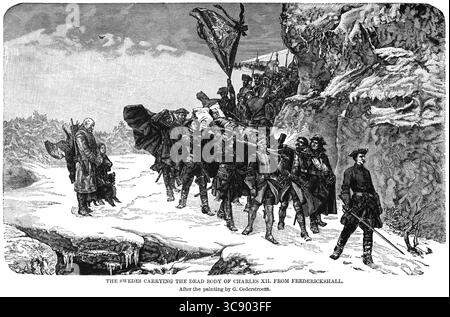 3. Mai 2020: Die Schweden tragen die Leiche von Karl XII. Von Frederickshall, nach einem Gemälde von G. Cederstroem, Illustration, Ridpath's History of the World, Band III, von John Clark Ridpath, LL. D., Merrill & Baker Publishers, New York, 1897 (Bild: © JT Vintage/Glasshouse Via ZUMA Wire) Stockfoto