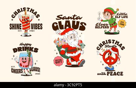 Groovige Weihnachtsfiguren, T-Shirt-Prints und Poster. Vektor Weihnachtsfeiertag Santa Claus und Elf Vektor Personages mit Geschenktüte. Retro-grooviges Hippie-Friedensschild und Poster mit heißem Weihnachtsgetränk Stock Vektor