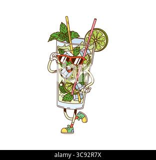 Mojito Cocktail Drink Retro grooviger Charakter. Sommer Cocktail süßes grooviges 80er Jahre Vektor Maskottchen, Mojito Drink fröhliche Persönlichkeit. Kaltes Getränk mit Zitrone, Minze und Eis glücklicher Charakter mit Sonnenbrille Stock Vektor