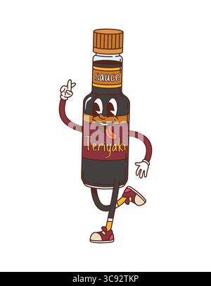 Cartoon-groovige Teriyaki-Soße-Flaschenfigur mit fröhlichem Lächeln, ausgezogener Zunge und gedrückter Fingergeste. Vektor-Retro-Food-Persönlichkeit mit flippigen y2k-nostalgischen Vibes. Snackverpackung für Vintage-Gewürze Stock Vektor
