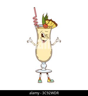 Pina Colada Cocktail Drink Retro grooviger Charakter. Party Cocktail grooviger Vektor glücklicher Charakter, Bar Alkohol Getränk lustiges Maskottchen. Pina Colada Getränk süßer Charakter mit Ananas, Kirsche und Stroh Stock Vektor