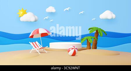 Sommerstrand Podium mit Palmen und Chaiselongue. 3D Vektor verspielte Karikatururlaub Szene mit Liegestuhl, gestreiftem Schirm, Ball, blauen Wellen, flauschigen Wolken, Vögel, Sonne und runde Schaubühne Stock Vektor