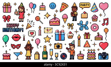 Symbole und Piktogramme für Spiele mit 8 Bit Pixeln zum Geburtstag. Vector Retro Party Set mit Kuchen, Ballons, Geschenken, Partyhüten, Getränken, und fröhliche Charaktere, die Feiern oder nostalgische Ereignisse ausstrahlen Stock Vektor