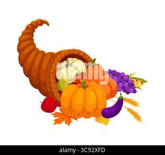 Zeichentrick-Kornukopia Happy Thanksgiving-Feiertag und Erntesymbol. Isoliertes Vektorhorn mit viel Obst und Gemüse. Apfel, Birne, Traubenstrauch, Herbstblätter, Tomaten, Auberginen und reifer Kürbis Stock Vektor