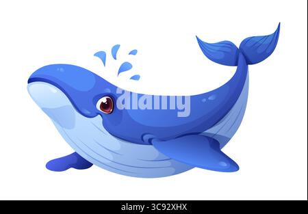 Zeichentrickfigur mit blauem Wal und lächelndem Gesicht und Wasserspritzer. Isoliertes Vektormeer cachalot, freundliche Wasserperson, Meerestier. Niedliche Meeresbewohner mit glattem Körper und ausdrucksstarken Augen Stock Vektor
