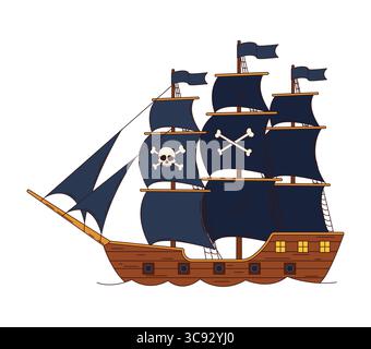 Cartoon grooviges Piratensegelschiff. Das isolierte Vektor-Retro-Korsair-Schiff verfügt über dunkle Segel, die mit Schädel und gekreuzten Knochen verziert sind, erinnert an y2k-Abenteuer, den Reiz des Meeres und das Geheimnis der Piratenüberlieferung Stock Vektor