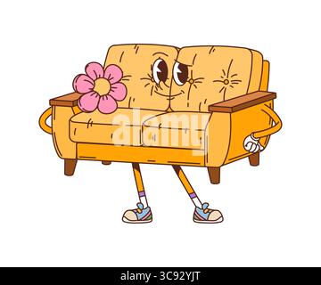 Cartoon fröhliches Retro-Sofa groovige Möbel und Innenausstattung mit ausdrucksstarken Augen, Armen, Sneakern und rosa Blüten an der Seite. Vektor-Funky-Persönlichkeit mit nostalgischem Vintage y2k-Vibe Stock Vektor
