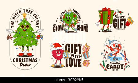 Weihnachts-Zeichentrickfiguren auf groovigem T-Shirt-Print und Poster, Vektor-Weihnachtsfeiertag. Glücklicher Weihnachtsbaum, Geschenkbox und Ornamentkugeln, grooviges Herz mit rotem Hut und Poster mit Bonbonfiguren Stock Vektor