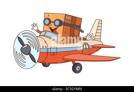 Cartoon groovige Lieferkartonfigur fliegt im Flugzeug. Vektor-Luftpost-Service oder Expressversand Retro-Personage liefern Fracht auf dem Luftweg. Komisches Paket, Pack fliegen im Vintage-Flugzeug Stock Vektor