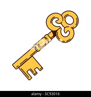 Grooviger Pirat und alter Korsar-Schlüssel mit verzierter Schleife. Isolierter Vektor geheimnisvoller goldener Skelettschlüssel weckt Geheimnisse und ein Gefühl, Geheimnisse oder Schätze freizulegen. Märchenhaftes Spielmaterial Stock Vektor