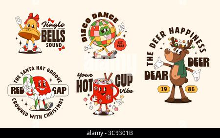 Lustige, groovige Weihnachtsfiguren, T-Shirt-Muster und Poster erinnern an eine fröhliche Urlaubsstimmung. Cartoonvektor süße Weihnachtsglocke, Discoball, Rentier, heiße Kakaobecher und Weihnachtsmannmütze mit lustigem Retro-Text Stock Vektor