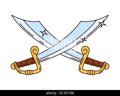 Cartoon-groovige zwei glänzende Piraten- und Korsaarsäbel kreuzen sich. Vektorschwerter, Symbol für Kampf und Piraterie. Überkreuzte Skimitare mit glänzenden geschwungenen Klingen und goldenen Hügeln, die Abenteuer und Kampfgeist hervorrufen Stock Vektor
