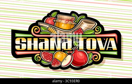 Vektor-Logo für Shana Tova, schwarzer Tag mit Zeichentrickdesign rosh hashanah Symbole - Honiglöffel, süße Fruchtscheiben und lustige dekorative Blüten, bann Stock Vektor