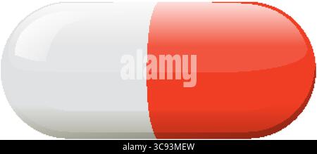 Glänzende rote und weiße Kapselpille im klaren Vektorstil, isoliert auf weißem Hintergrund, mit weichen Glanzlichtern und glatten Verläufen Stock Vektor