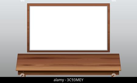 Vektorillustration eines Holztisches und eines Whiteboards. Klares Design mit realistischen Texturen und neutralen Farben Stock Vektor
