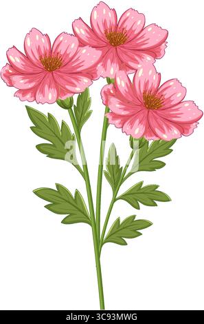 Detaillierte Vektor-Illustration von rosa Kosmos Blumen mit üppigen grünen Blättern, die lebendige Farben und komplizierte Designelemente zeigen Stock Vektor