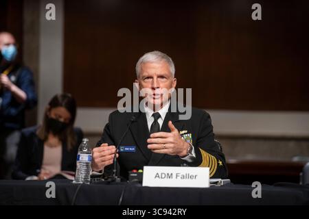 16. März 2021, Washington, District of Columbia, USA: Admiral Craig S. Faller, USN, Commander, United States Southern Command, erscheint während einer Anhörung des Senate Committee on Armed Services, um das United States Southern Command und das United States Northern Command zu untersuchen, um den Verteidigungsantrag für das Geschäftsjahr 2022 und das zukünftige Verteidigungsprogramm im Dirksen Senate Office Building in Washington, DC, Dienstag, den 16. März 2021 zu überprüfen. Beschreibung: Rod Lamkey/CNP (Abbildung: © Rod Lamkey – CNP/CNP via ZUMA Wire) Stockfoto