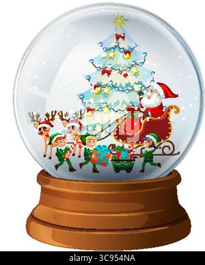 Bunte Vektor-Illustration einer Schneekugel mit Weihnachtsmann, Rentier, Elfen und einem dekorierten Weihnachtsbaum Stock Vektor