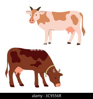 Flache Illustration zweier Milchkühe in verschiedenen Posen und Farben. Einer steht aufrecht, der andere weidet. Einfacher Cartoon-Stil, ideal für den Bauernhof Stock Vektor