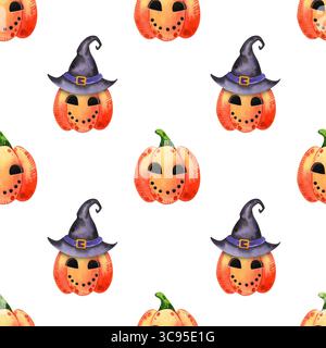 Nahtloses Halloween-Muster. Aquarellkürbis im Hexenhut, freundlicher Jack o' Lantern. Handgezeichnete Abbildung. Kunstelement für Design. Stockfoto