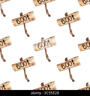 Nahtloses Halloween-Muster. Aquarellabbildung eines Holzschildes mit BUH-Inschrift. Handgezeichnetes Kunstelement für Design. Stockfoto
