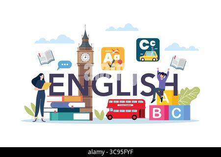 Englische Klassenszene mit pädagogischen Elementen. Illustration des Bildungsvektors. Stock Vektor