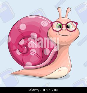 Niedliche Karikaturschnecke mit Brille. Vektorillustration eines Tieres auf blauem Hintergrund mit Büchern und Bleistiften. Stock Vektor