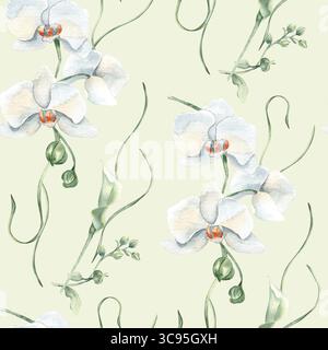Botanisches Blumenaquarell, nahtloses Muster isoliert. Weiße Blumen Orchideen und Lilie, grüne Stiele auf wiederholtem Hintergrund handgemalt für romantische Stockfoto