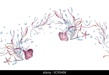 Wasserfarben unter Wasser nahtlose Grenze mit Korallen, Algen, Muscheln, Seesternen in blassrosa Farben isoliert. Wiederholter Hintergrund für Textil, Verpackung Stockfoto