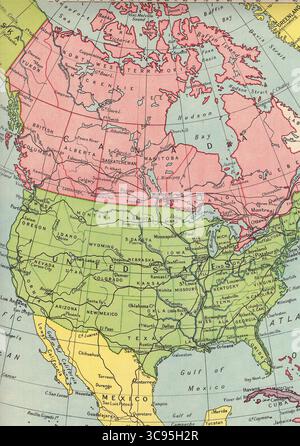 Eine alte politische Landkarte aus der Mitte des 20. Jahrhunderts von Nordamerika. Stockfoto