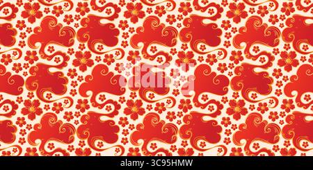 Rotes asiatisches Muster für Wolken und Blumen. Traditionelle japanische und chinesische wellige Wolken mit goldenen Umrissen und blühenden Blumen. Elegant wiederholbar Stock Vektor