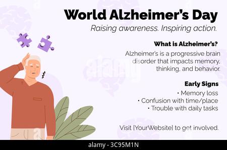 Infografik-Banner zum Bewusstsein des Welt-Alzheimer-Tages mit Illustration des menschlichen Gehirns, Symptomen, Statistiken und Unterstützungsbotschaft. Das Konzept des Gedächtnisverlustes und Stock Vektor