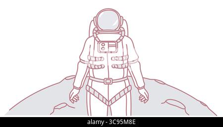 Eine fesselnde minimalistische Illustration, die einen Astronauten zeigt, der auf der Oberfläche der Mondlandschaft steht Stock Vektor