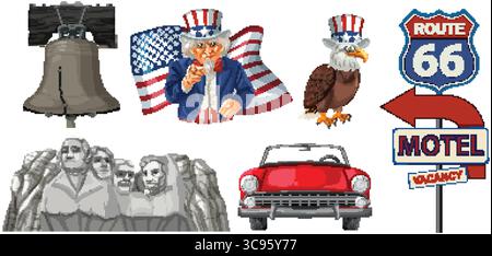 Kollektion klassischer amerikanischer Symbole im lebendigen Vektorstil mit kräftigen Farben und detaillierten Kompositionen Stock Vektor