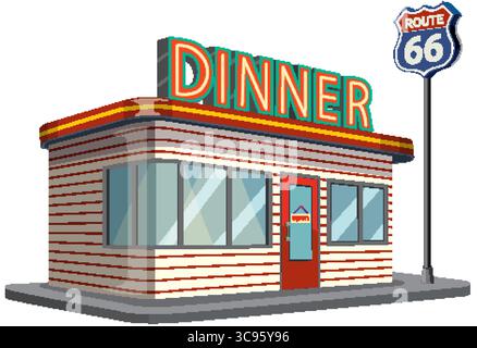Klassisches amerikanisches Diner mit Neonschild und Route 66-Emblem. Lebhafte Farben und klare Linien schaffen eine nostalgische Atmosphäre Stock Vektor