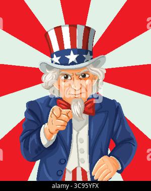 Auffällige Vektor-Illustration von Onkel Sam mit einem auffälligen rot-weißen Hintergrund, die Patriotismus und amerikanische Kultur betont Stock Vektor