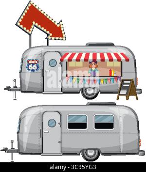 Vektor-Illustration eines Vintage Food Trucks mit leuchtenden Farben und Retro-Schildern, die eine nostalgische Route 66-Atmosphäre einfangen Stock Vektor