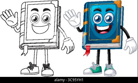 Vektorillustration von zwei animierten Buchfiguren, eine farbige und eine umrissene, mit verspielten Ausdrücken und dynamischen Posen Stock Vektor