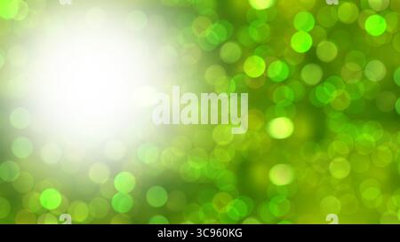 Heller, abstrakter Hintergrund mit einem leuchtend grünen Bokeh-Effekt mit funkelnden Kreisen und einem weichen weißen Schein, der ein Gefühl von Natur und Sonnenli weckt Stockfoto