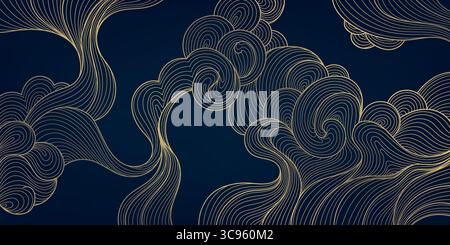 Vektor japanisch, chinesische Wolken Hintergrund. Goldenes asiatisches Himmelsmuster, gewellte Windornamente, elegantes Poster der Welle. Stock Vektor