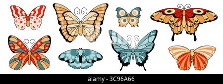 Grooviges Schmetterlingsset mit Monarch und Streifen, Flügeln mit geometrischem Muster, Motte mit Augenflecken und Blumendesign, luna mit Kreisen und Blumenflügel, Sternenmuster und Herzen für Hippie-Kunst Stock Vektor