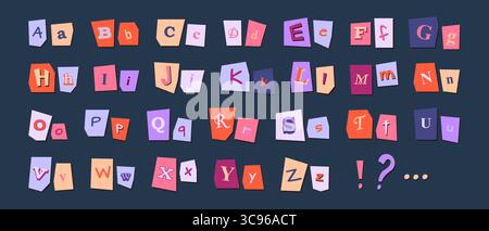 Verspieltes Schneiden von Buchstaben – y2k-Alphabet mit Papierausschnitt. Paare in Groß- und Kleinbuchstaben für kreative Projekte. Abgerissene Kanten mit gemischten Schriftarten, Satzzeichen und geneigten Winkeln für das Scrapbook Stock Vektor