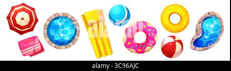 Poolaccessoires mit Blick von oben mit Sonnenschirm und Handtuch, Stein am Pool und an der Wasseroberfläche, Luftmatratze und bunten Gummiaufblasgeräten. Badeartikel für Sommerurlaub für Resort- oder Wasserpark-Design. Stock Vektor