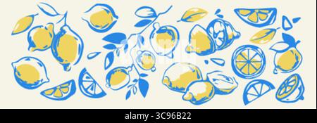 Zitronenmuster im Amalfikstil mit blauen Linien und gelben Zitrusfrüchten für mediterrane Einrichtung. Frische Zitronen, Scheiben und Blätter auf Zweigen im fröhlichen italienischen Küstendesign für Küchentextilien Stock Vektor