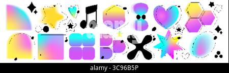 Y2K lebendige Verlaufsformen und Symbole mit Regenbogenfarben – Herzen und Sterne, Sechsecke und musikalische Noten. Ästhetische geometrische Elemente im Retro-Neon-Cyber-Look für nostalgische digitale Kunst oder trendige Designs. Stock Vektor